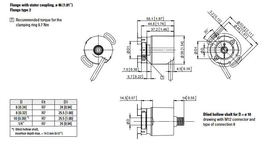 Енкодер 8.F3683.2111.B722 вих. SSI Binary U=5V 17Bit ST 12Bit MT полий вал 6мм фланець/статор 1м 000133163 фото