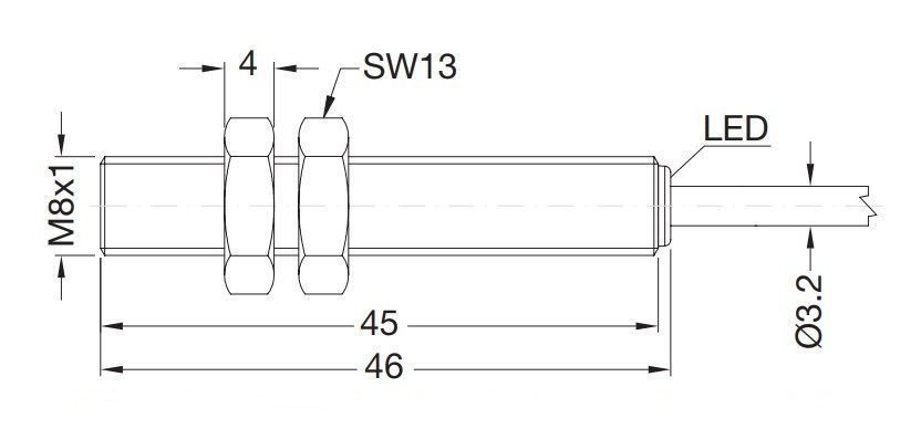 ICS08L45F01NO Датчик індуктивний М8х45, NPN NO, Sn=1 mm, каб.2м 000209770 фото